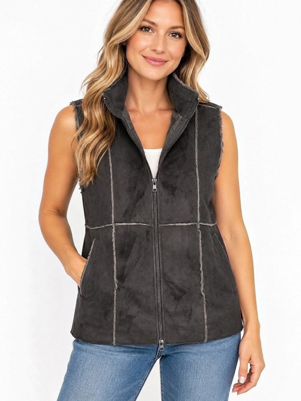 Johnny Was Pete & Greta Gray Faux Suede Shearling Zip Vest Size Medium